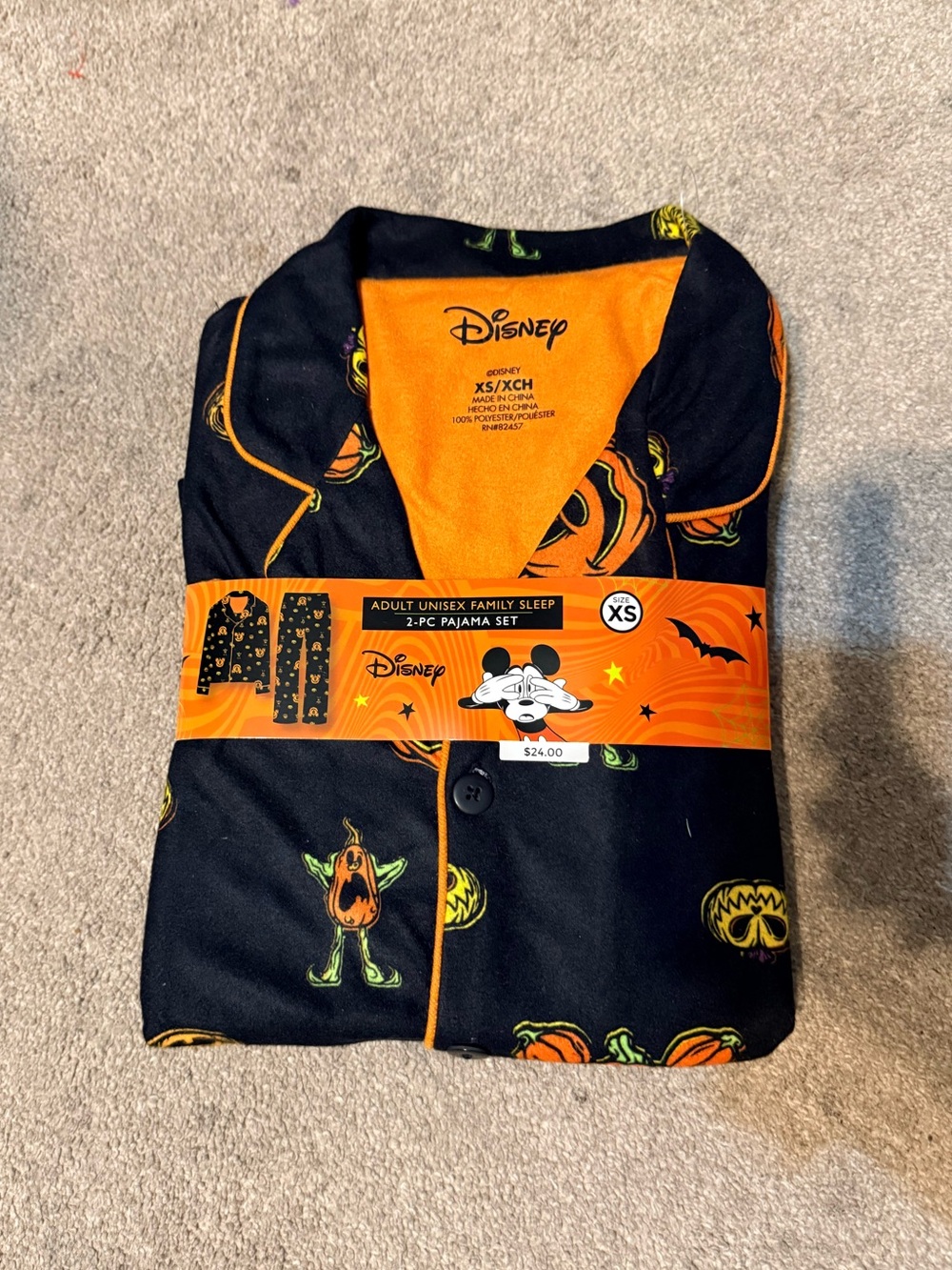 Disney Black Halloween Print Button Down Long Sleeve Pajama Set Unisex Size XS